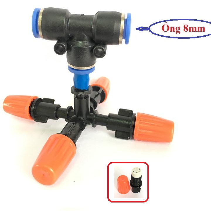 Vòi phun sương 4 cửa đầu nhựa màu cam, lõi trắng dùng cho ống phun sương 8mm hoặc 10mm hoặc 12mm, không có van chống nhỏ giọt.