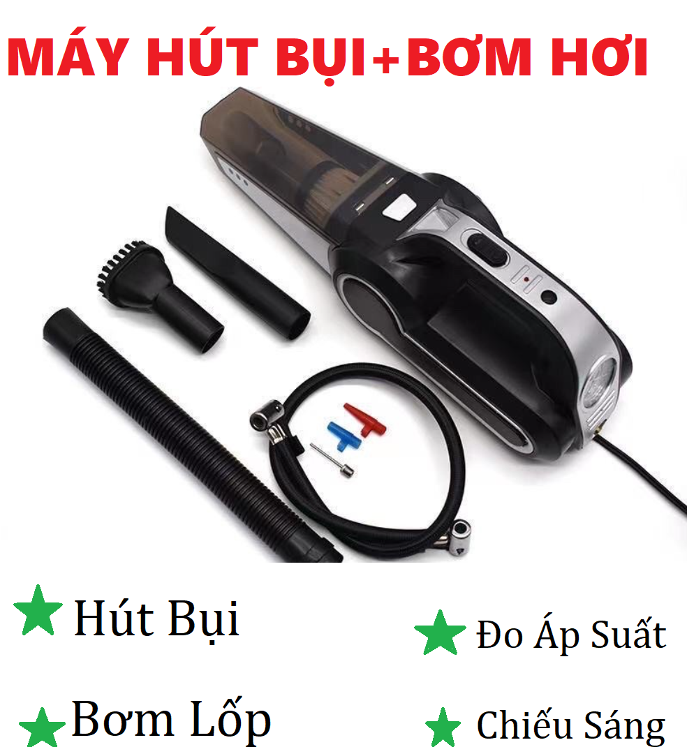 Máy hút bụi kèm bơm lốp ô tô - đa năng 4 trong 1 - hút bụi, bơm lốp, đo áp suất lốp, đèn pin chiếu sáng