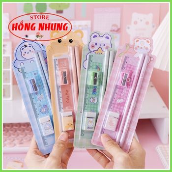 [ Sale Lớn] Bộ Combo Học Tập Xinh Xắn ( 2 Bút Chì, 1 Cục Gôm, 1 Thước, 1 Đồ Chuốt)