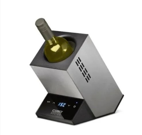 CASO WineCase One Black - Design Wine Cooler for One Bottle, Temperature Range from 5-18°C, for Bottles up to 9 cm Diameter, Sensor Touch Operation, Black Stainless Steel Housing