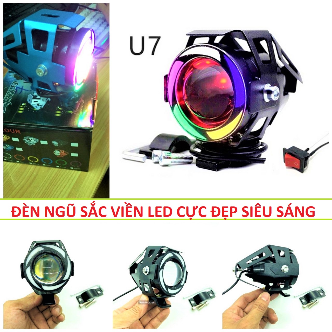 Đèn trợ sáng xe máy ô tô U7 ngũ sắc siêu sáng độ xe đẳng cấp viền led cực đẹp loại tốt mẫu mới lắp các xe