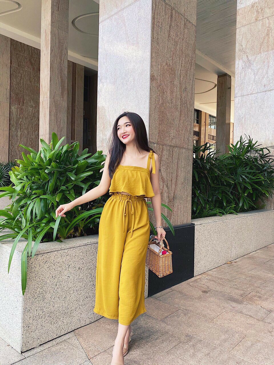 [HCM]Set bộ quần áo nữ áo hai dây quần ống rộng form lửng dễ thương