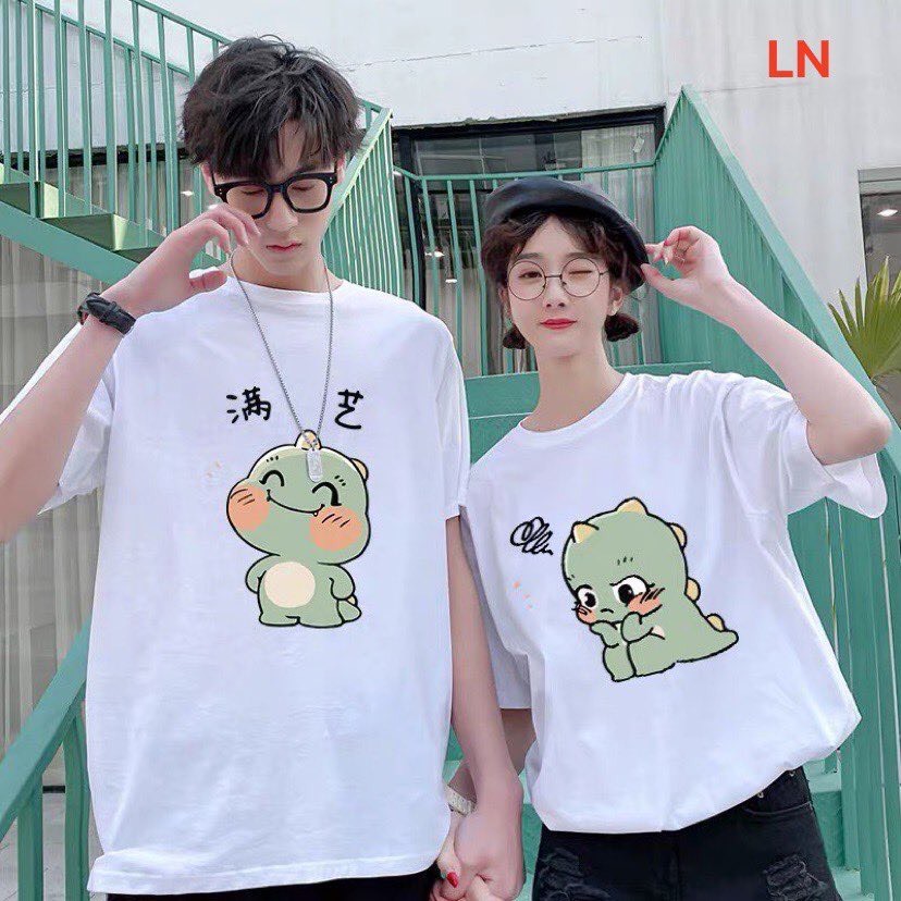 combo 2 áo - Áo đôi thun vải bao đẹp in khủng long xanh áo đôi nam nữ, áo cặp nam nữ