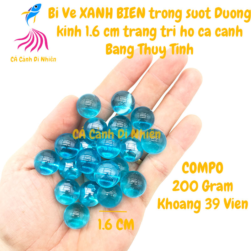 Viên bi ve XANH BIỂN TRONG SUỐT 200 gram (39 viên) size 1.6 cm trang trí hồ cá