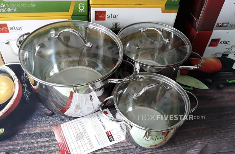 BỘ 3 NỒI CAO CẤP FIVESTAR (INOX 304 – THÂN CAO – NẮP KÍNH)