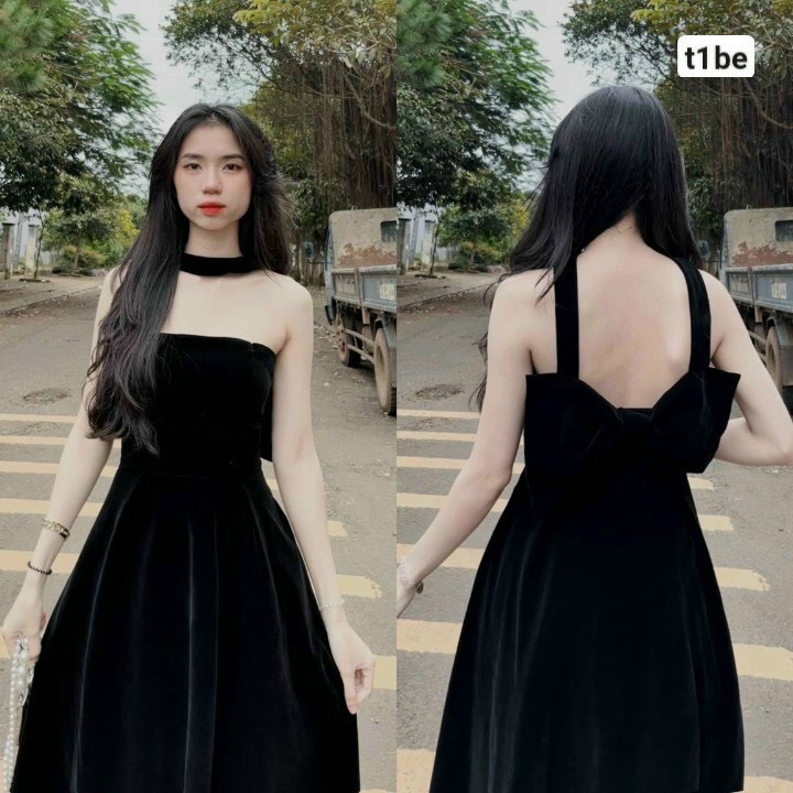 Váy đầm nữ vãi nhung phối chocker cực kỳ đẹp