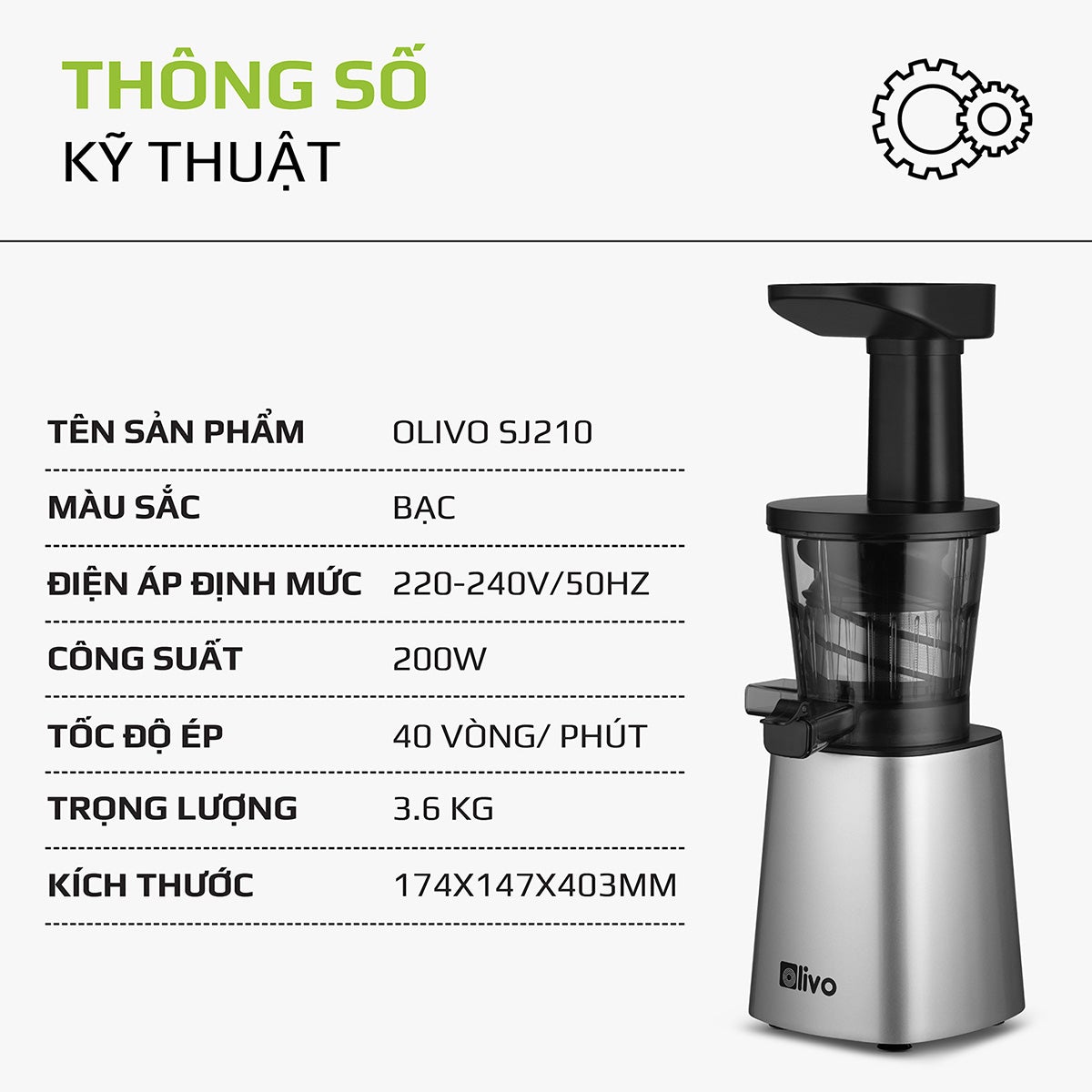 Máy ép chậm olivo sj210- ép kiệt bã 97% - ép trái cây hoa quả rau củ đa năng - thương hiệu mỹ