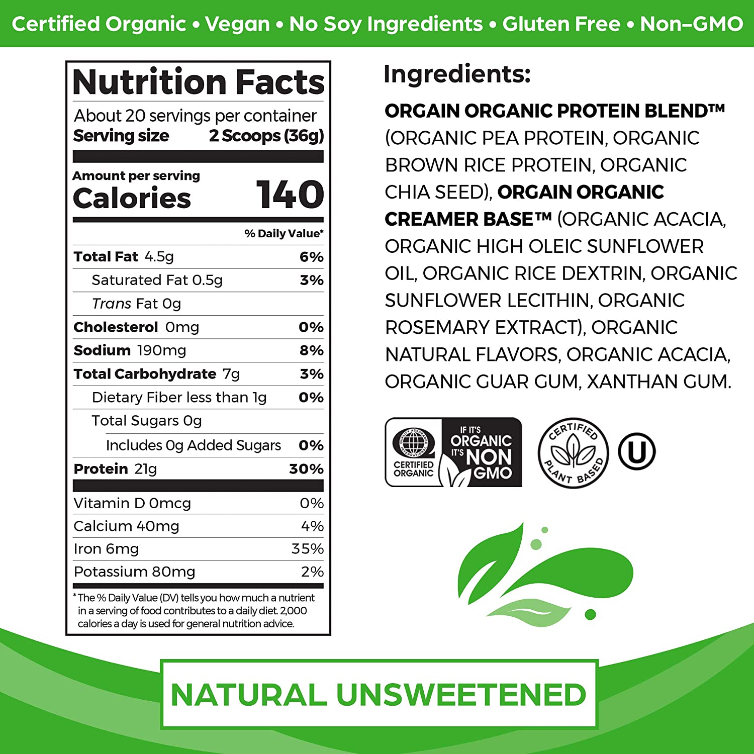 Bột đạm thuần chay hữu cơ Orgain Organic Plant Based Protein Powder không ngọt 720g