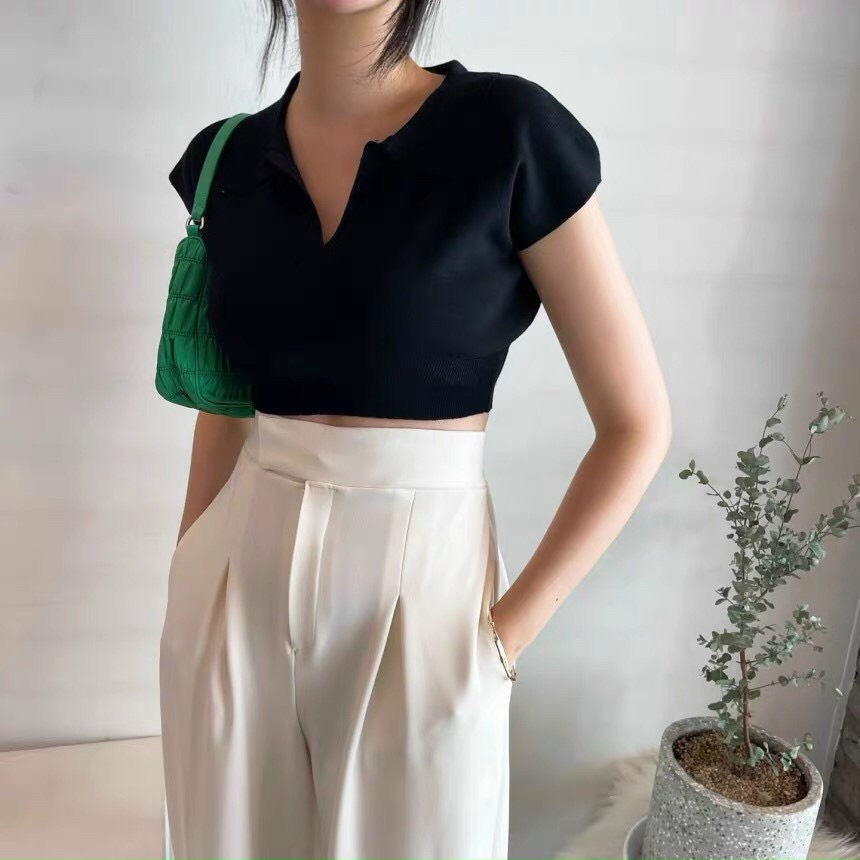 Áo len mỏng croptop cổ V tay hến