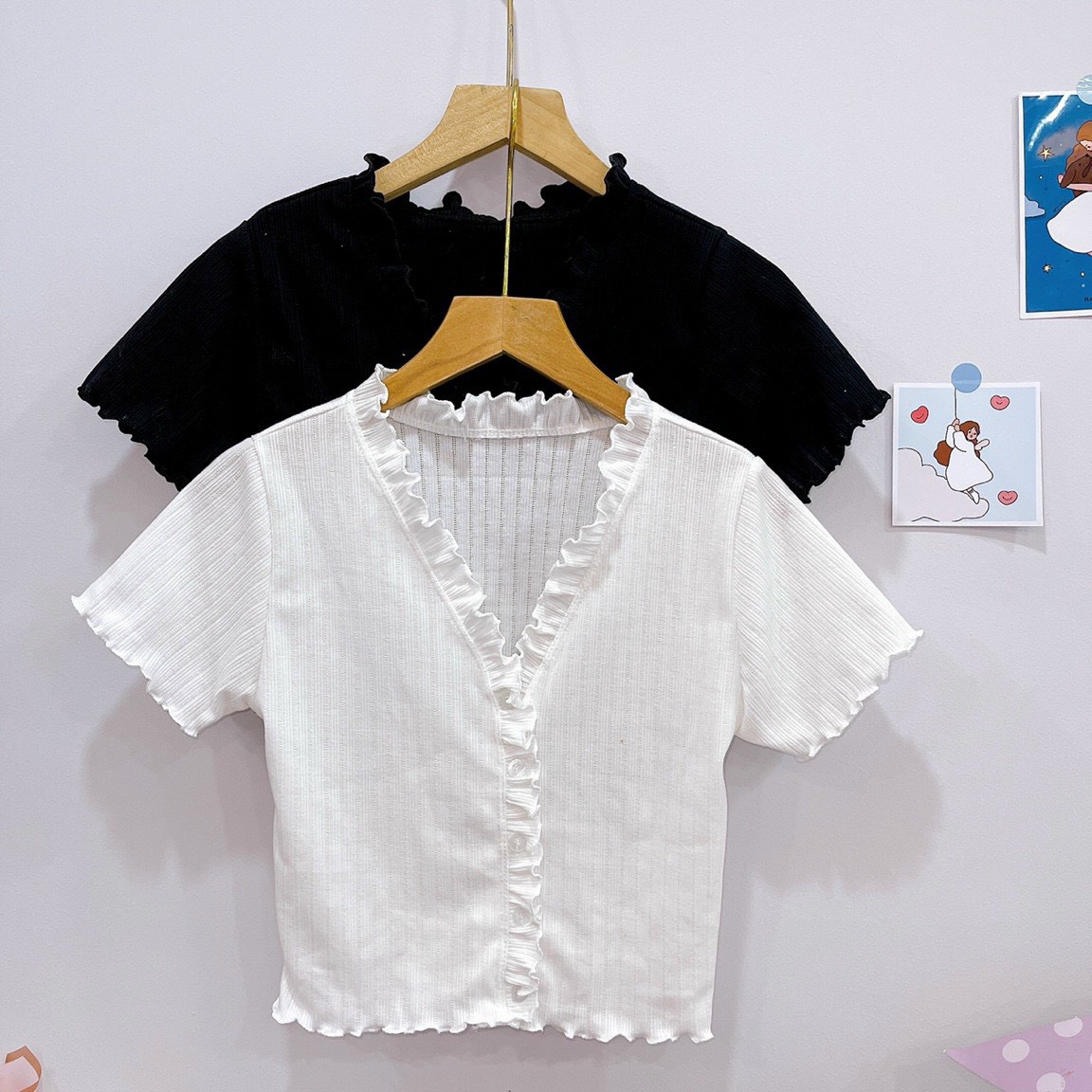 Áo nữ thun gân bèo nút xinh xắn hot ảnh thật