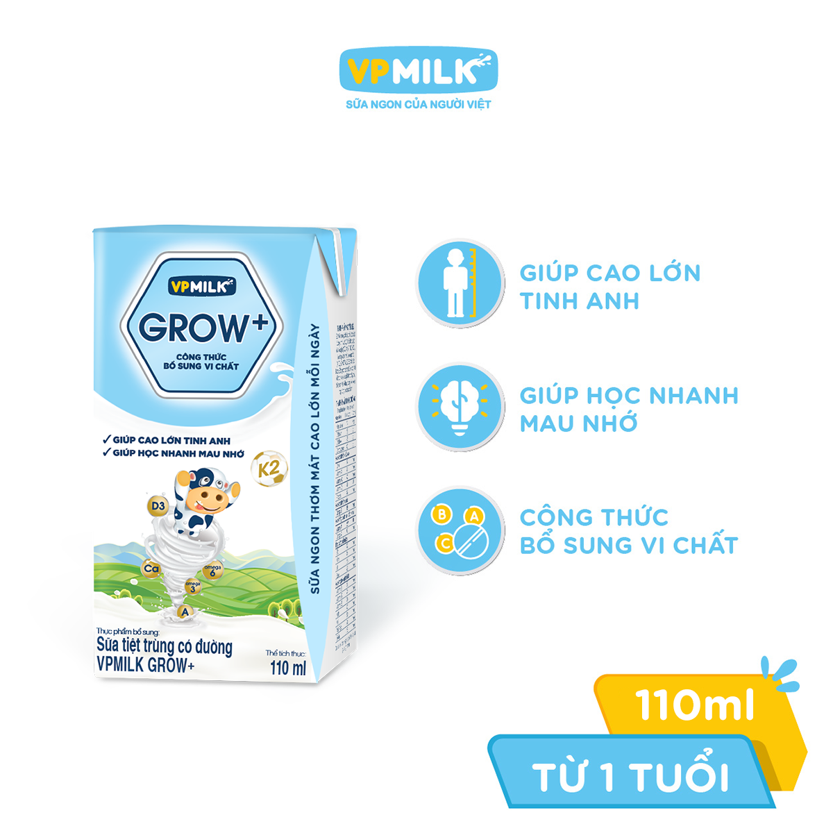 [6 Lốc 110ml] Sữa Tiệt Trùng VPMilk Grow+ Có Đường Cho Bé Từ 1 Tuổi