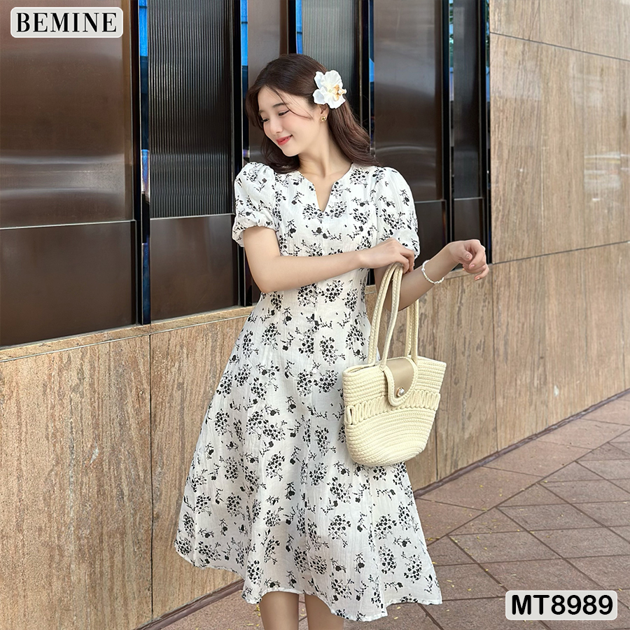 Đầm thiết kế cổ tròn tay phồng chít eo BEMINE MT8989