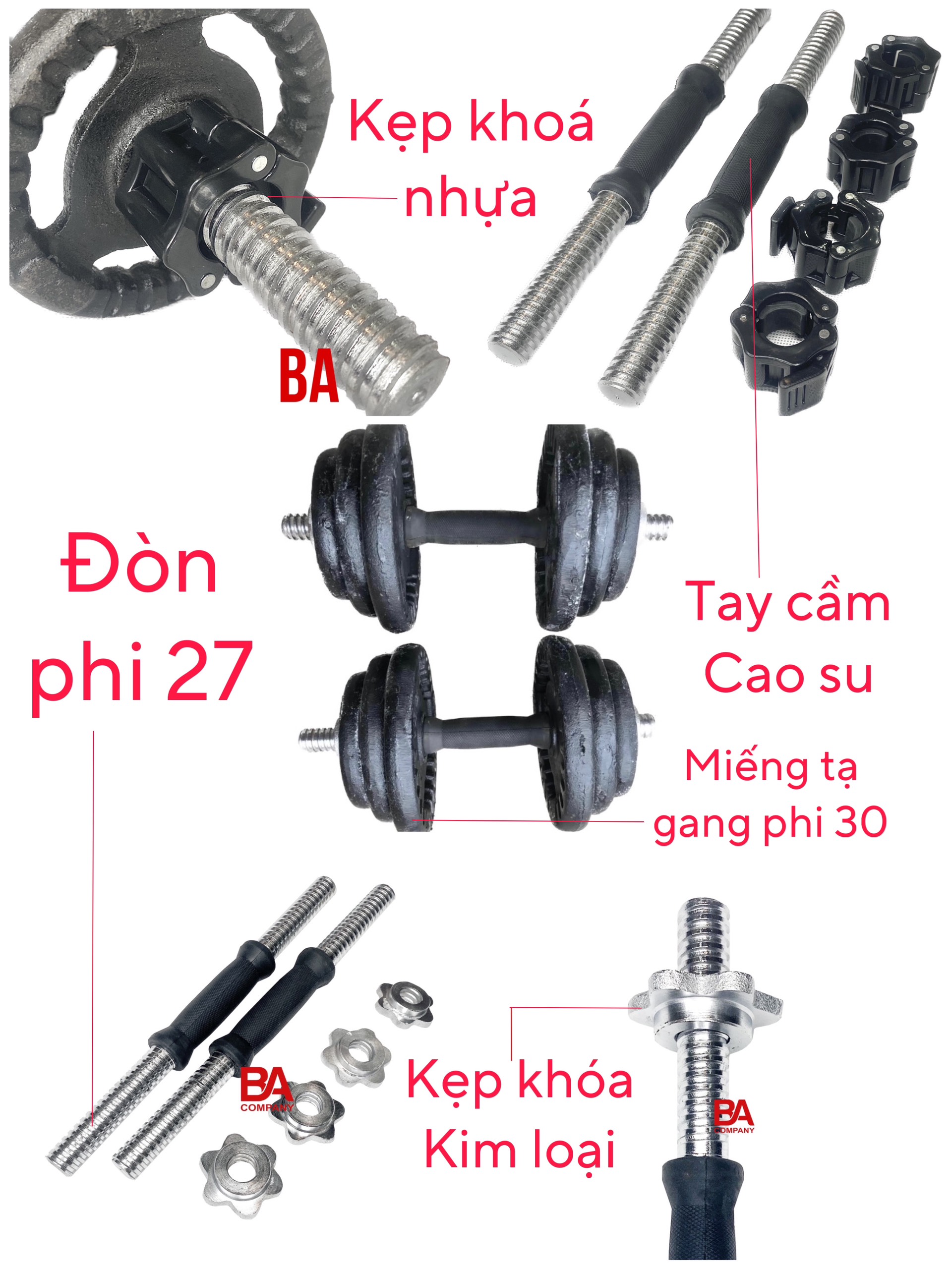 Bộ 2 Tạ Tay Tháo Ráp 13.7kg ( 2 Đòn 35cm , 4 Miếng 1kg, 4 Miếng 2kg, 4 Miếng 3kg) Binhansport