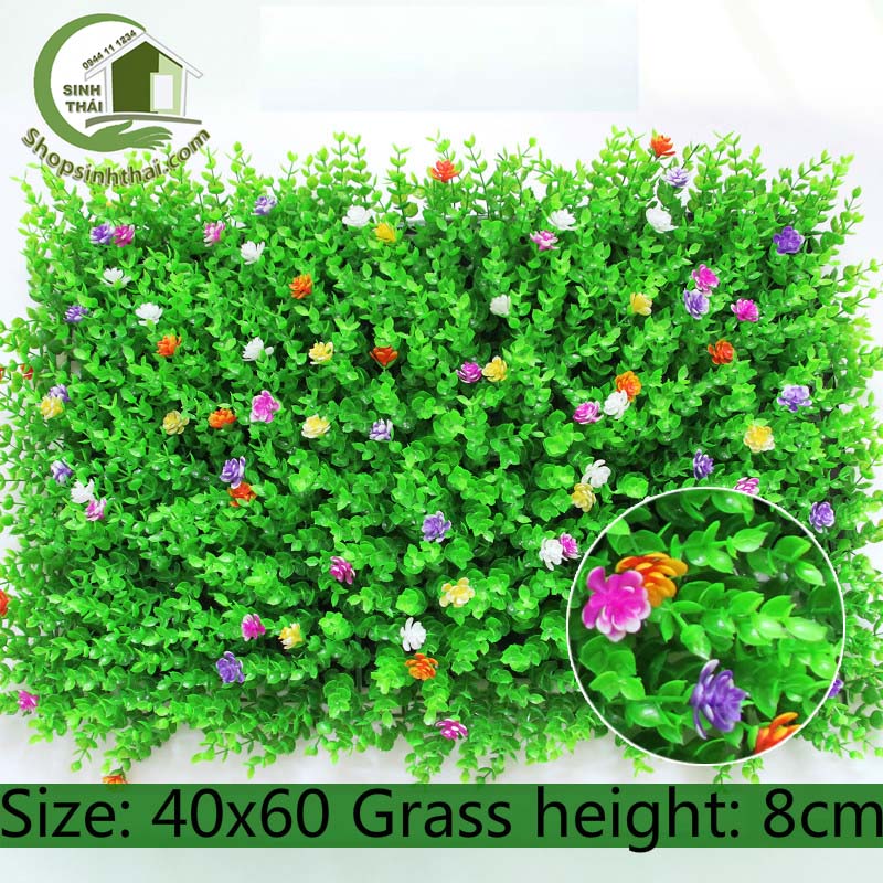 Tấm cỏ nhựa nhân tạo treo tường gắn hoa điểm nhỏ 40cm x 60cm - Giao màu ngẫu nhiên
