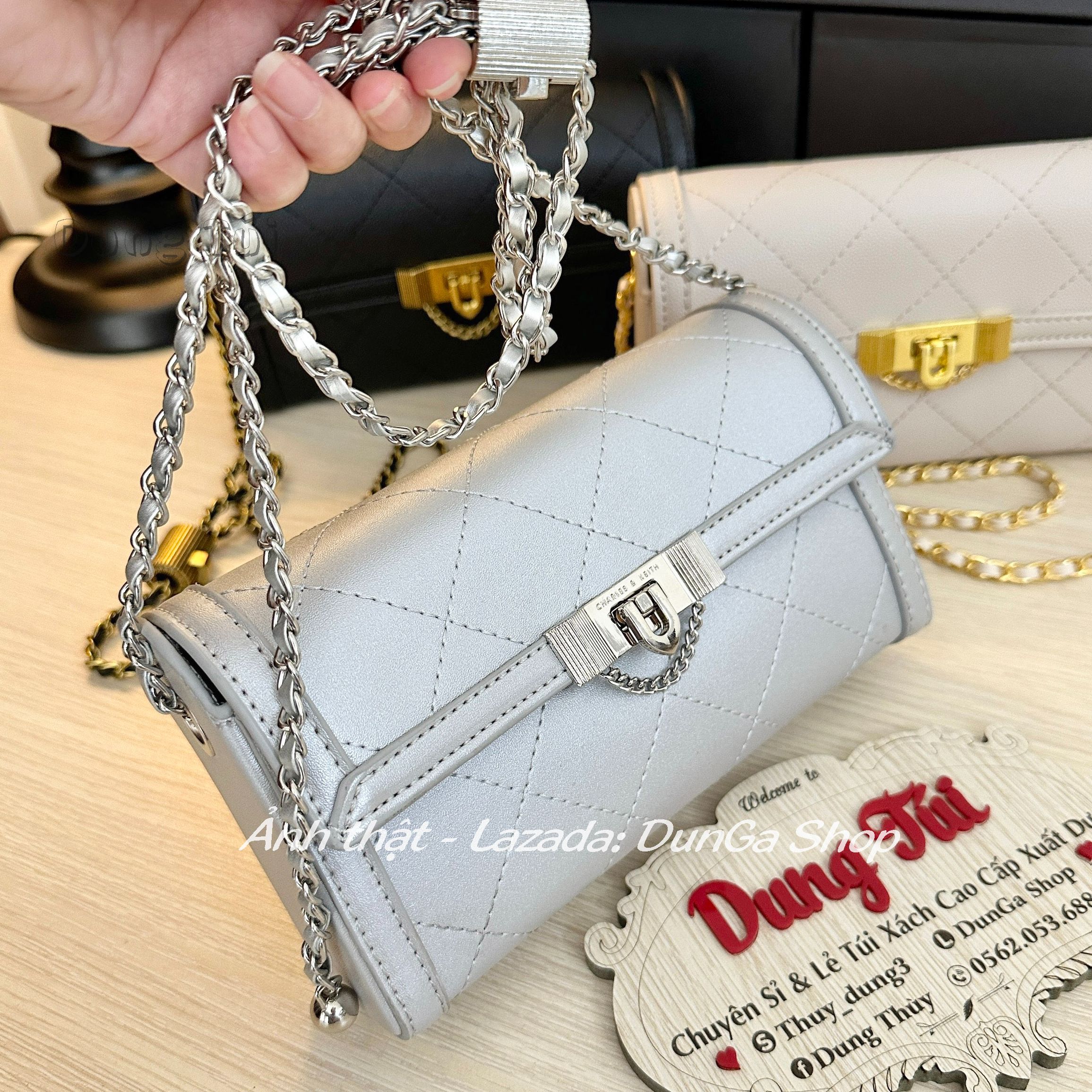 Túi ví nữ cầm tay + đeo chéo size 20 da sần form hộp cứng cáp full màu