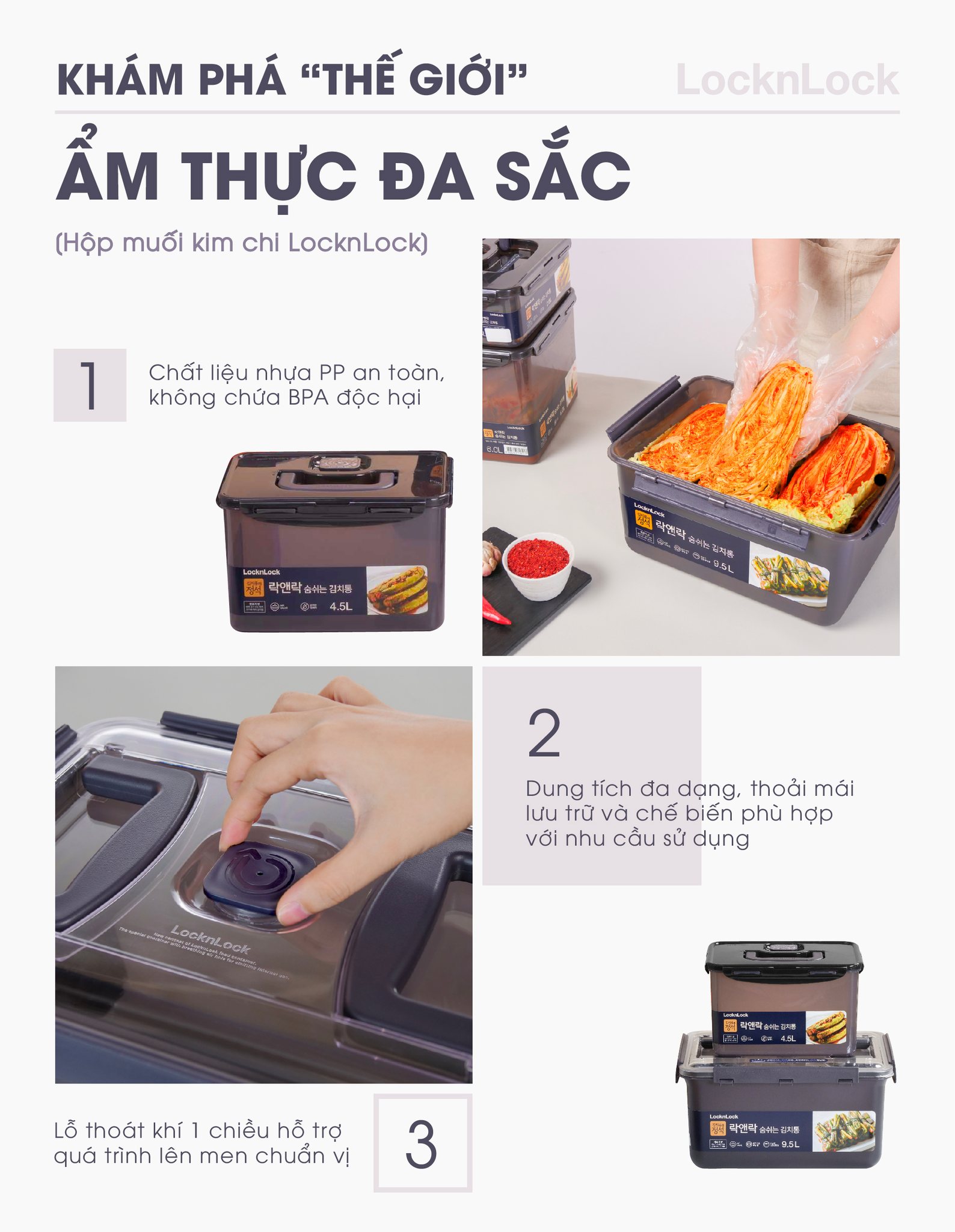 Hộp Nhựa Muối Dưa Cà, Muối Kim Chi Có Quai Xách LocknLock Breathing Kimchi Nhiều Dung Tích