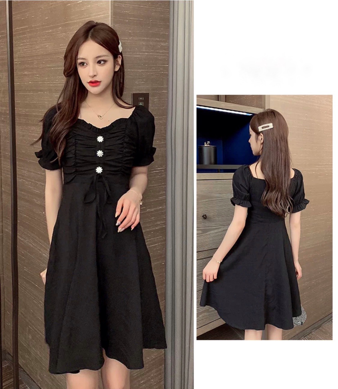 [HCM]ĐẦM RÚT NGỰC 3 CÚC- MIN DRESS T186
