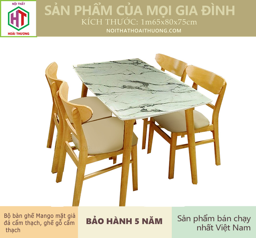 Bô bàn ghế phòng ăn 1.2 m 4 ghế gỗ ht06112dg4g mặt bàn gỉa đá cẩm thạch ghế màu gỗ tự nhiên/ trắng
