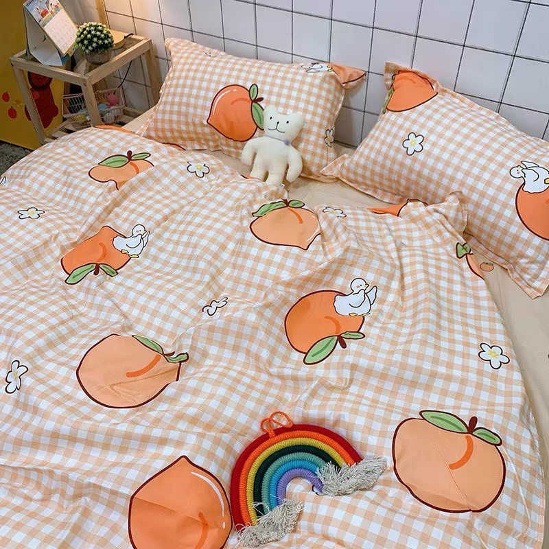 [ XẢ KHO ] SET 5 món Cotton Poly nhập khẩu (Cam Đào Caro )--- miễn phí bo chun drap ga giường