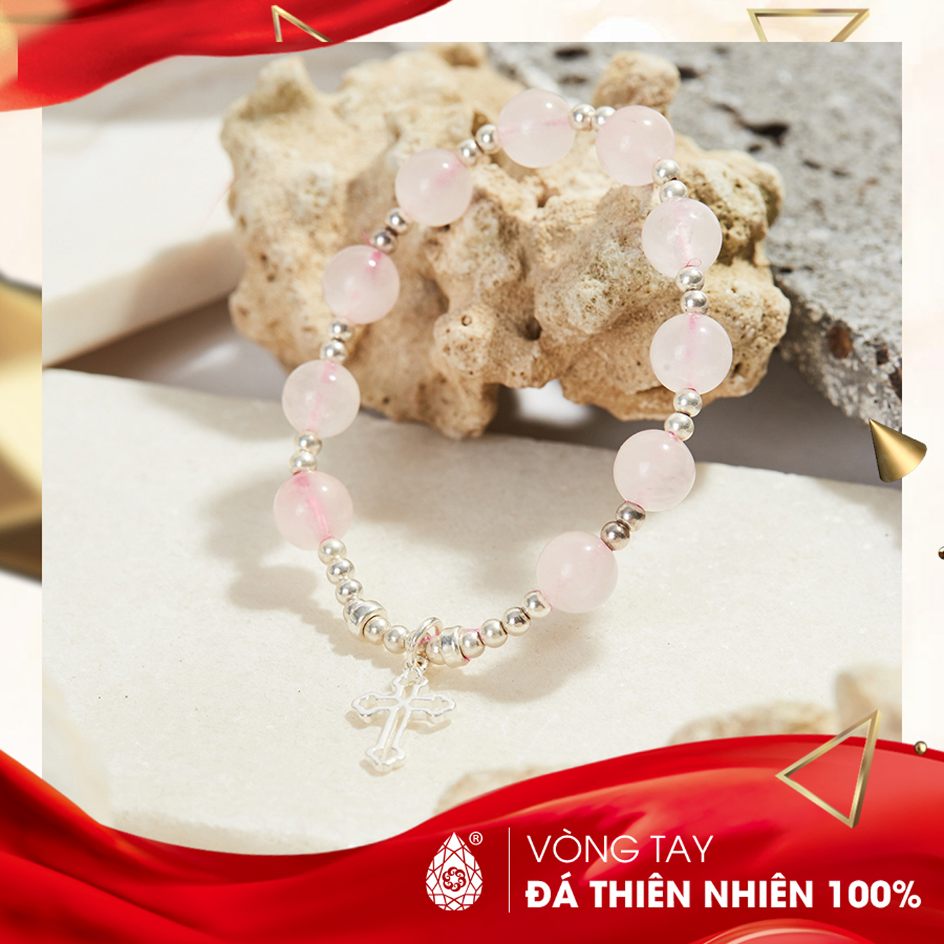 [HCM]Vòng chuỗi mân côi đá Thạch Anh hồng 10mm mix charm Thánh Giá - Ngọc Qúy Gemstones