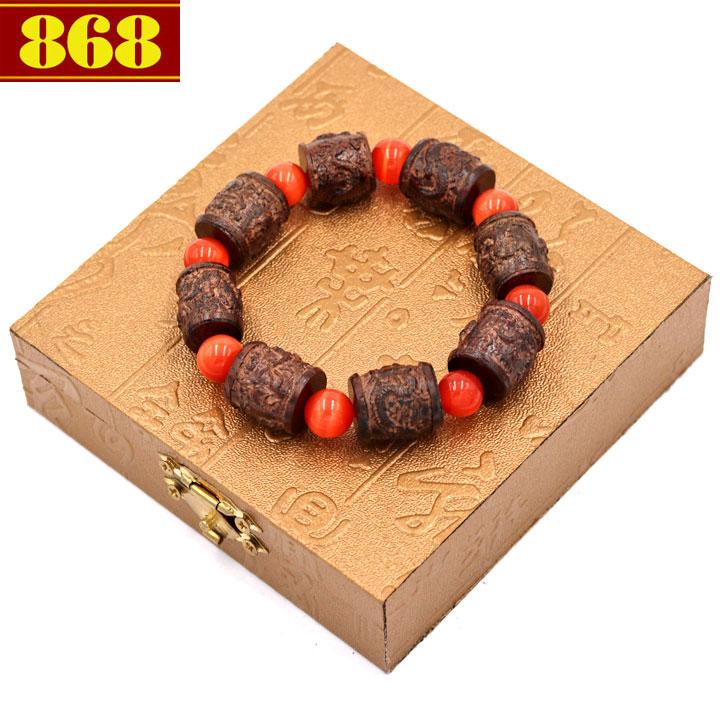 Vòng đeo tay chuỗi trụ rồng gỗ đàn hương TRNT26 kèm hộp gỗ - Chuỗi đeo tay gỗ phong thủy