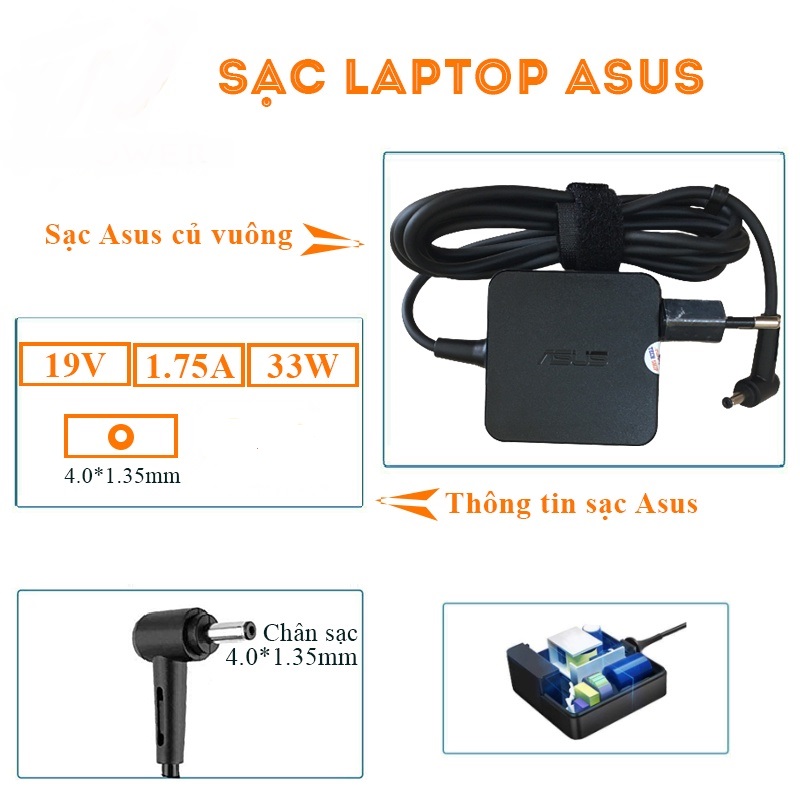 Sạc laptop asus 19v 1.75a 33w vuông chân nhỏ 4.0x1.35mm dùng cho asus x453 x553 e402 e502 x441