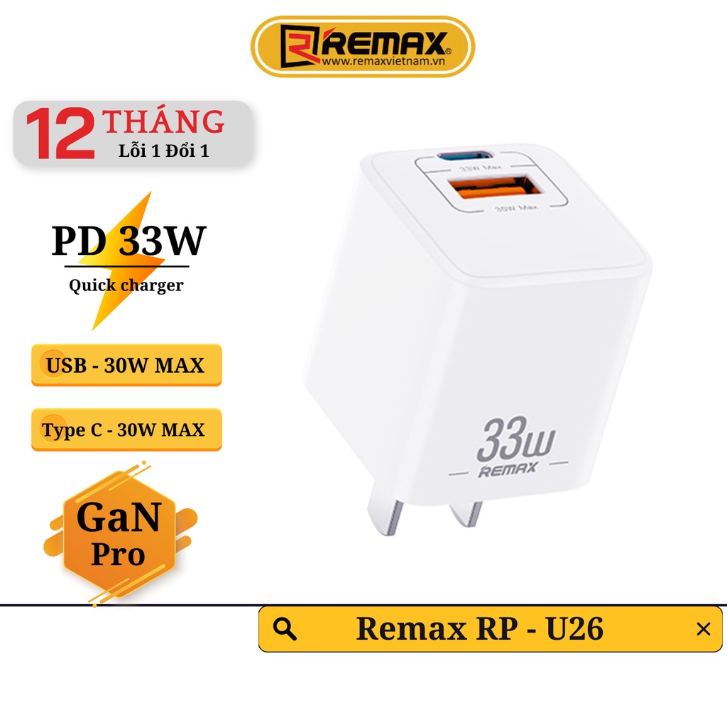 Củ sạc nhanh 2 cổng 33w remax rp-u26 - tăng gấp 3 lần so với củ sạc thường remax việt nam bh 12 tháng 1 đổi 1