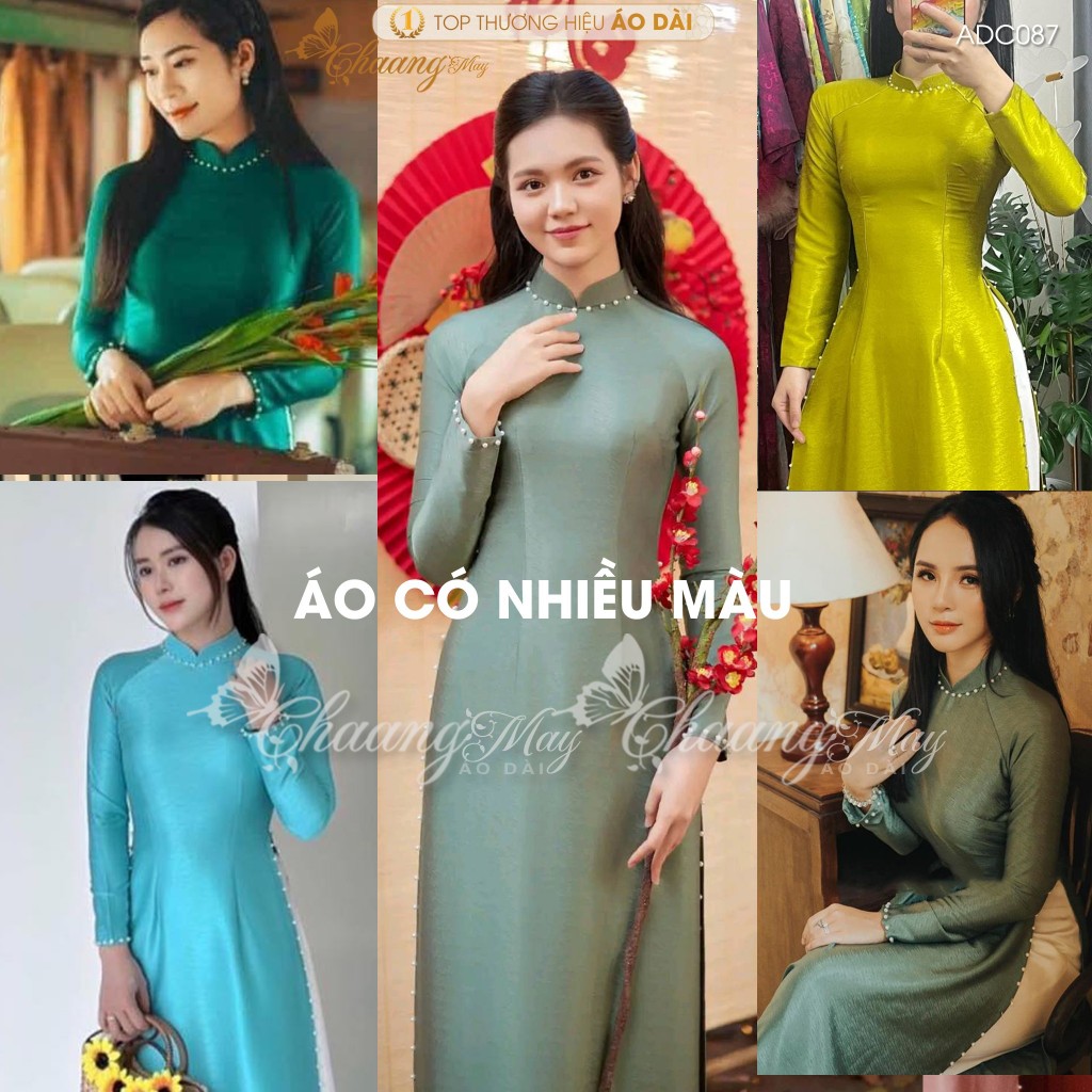 Áo dài lụa vân gỗ xanh truyền thống Chaang May sẵn ADC087 áo dài đính hạt ngọc cô giáo viên dự tiệc cưới lễ Tết đẹp
