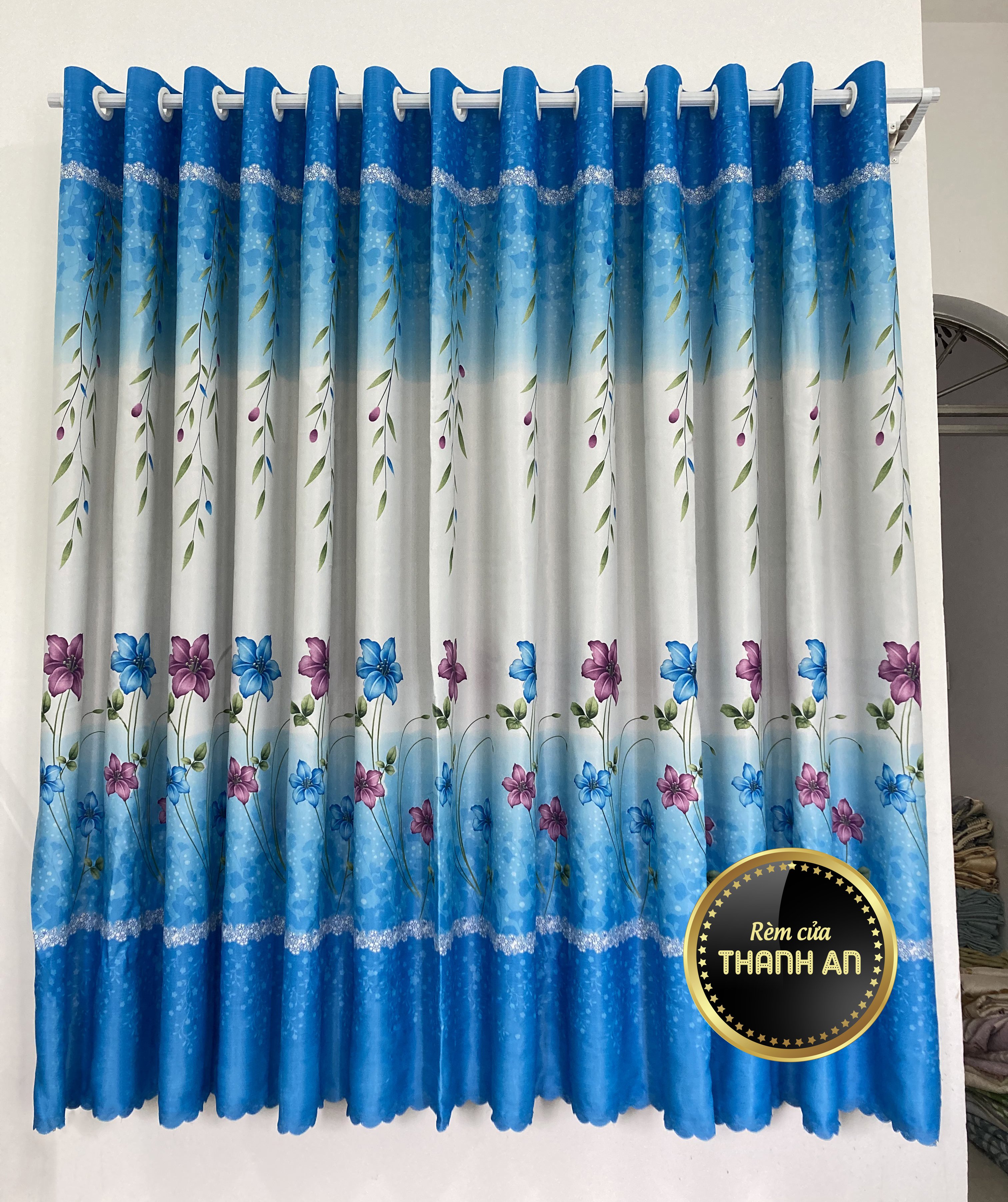 TA007 Rèm cửa chính, rèm cửa sổ, rèm cửa phòng ngủ, rèm trang trí, rèm ngăn phòng, rèm decor vải gấm 3 lớp chống nắng cao cấp họa tiết hoa tím, xanh