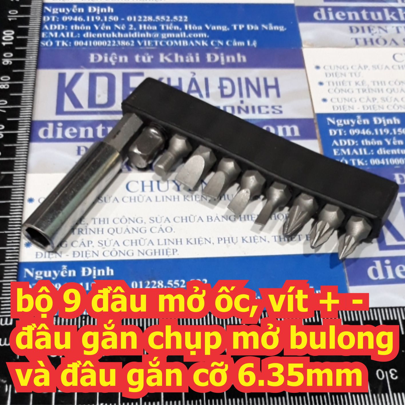 bộ 9 đầu mở ốc, vít + - đầu gắn chụp mở bulong và đầu gắn cỡ 6.35mm kde6609