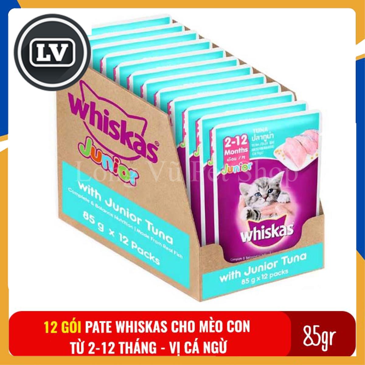 Combo 12 gói Thức ăn Pate Whiskas cho mèo con 2-12 tháng 85gr Vị Cá ngừ - Thức ăn cho mèo con Pate whiskas Junior