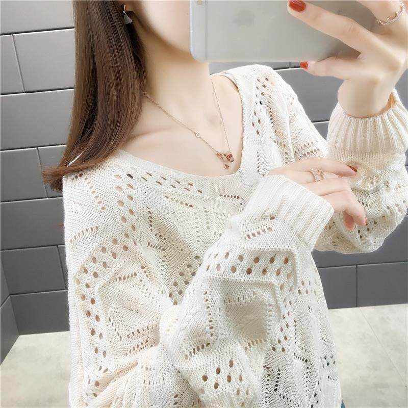 Áo len dệt kim Dài Tay Khoét lỗ mới cho nữ áo chui đầu cổ chữ V áo len dáng rộng
