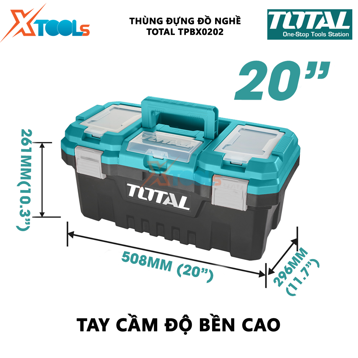 Thùng đựng đồ nghề khóa kim loại 20" TOTAL TPBX0202 Hộp đựng dụng cụ Tải tối đa: 20KG, Khóa kim loại thùng đồ nghề XTOOLs