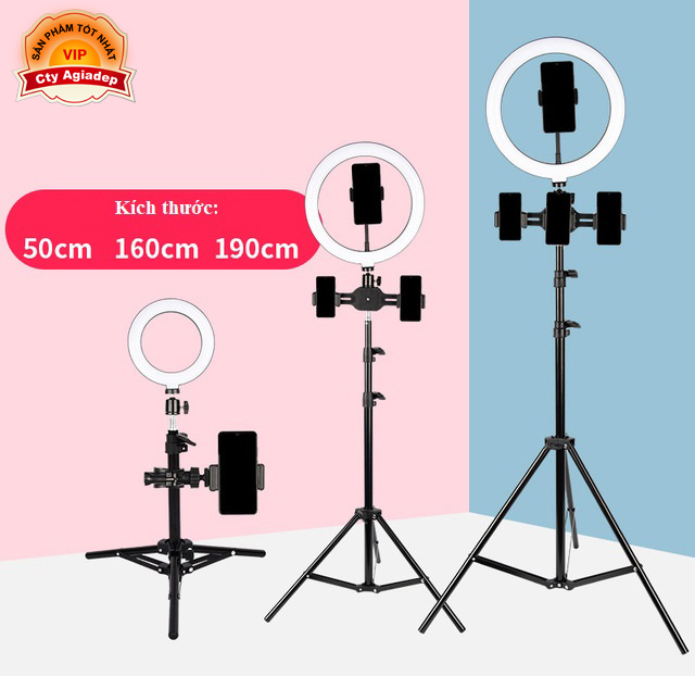 Tripod gậy chụp ảnh quay phim Livestream siêu xịn LED 3 màu, 4 kẹp điện thoại, cao 190cm (3 CHÂN)