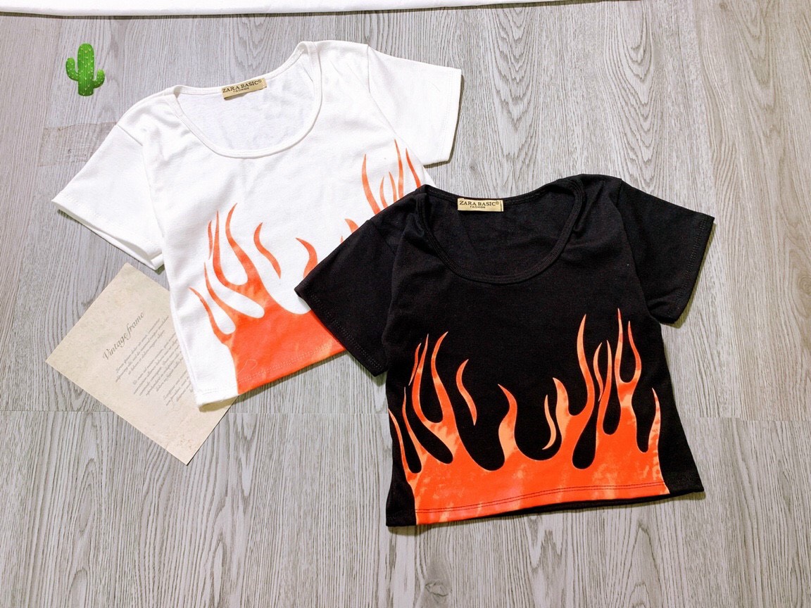 Áo thun CROPTOP ngọn lửa hai màu