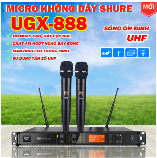 Micro Không Dây Cao Cấp Shure  UGX888 Phiên Bản Mới 2 Râu Giá Rẻ Thiết Kế Hiện Đại , Sóng UHF Cao Tần TỤ TO Khỏe Đến 100m ,Tích Hợp  , Chống Hú  Hát Nhẹ ,Giọng Hát Trong Sáng , Hát Hay . Dùng Karaoke Gia Đình Quán Ba