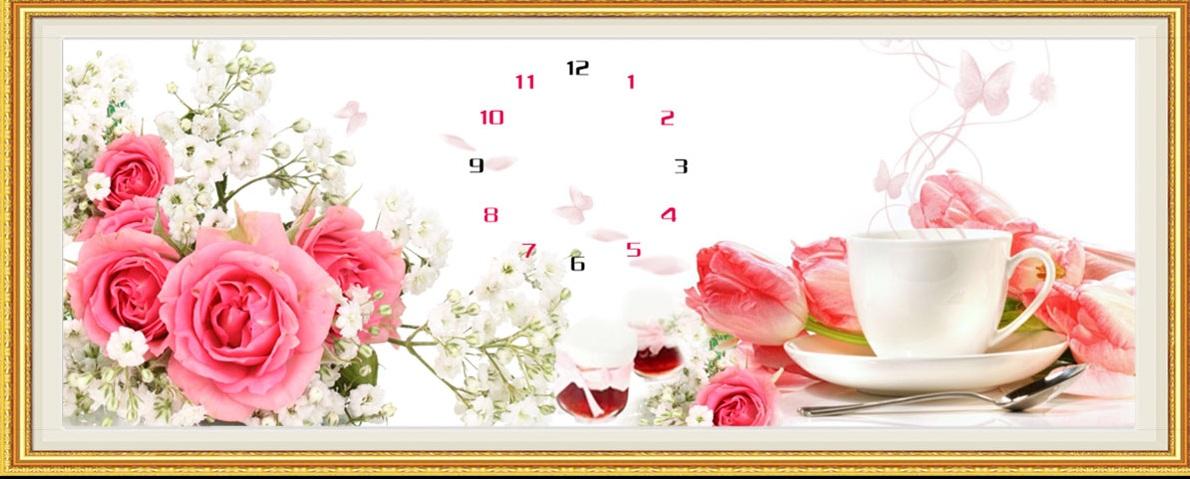 Tranh đính đá đồng hồ hoa trà - lv074