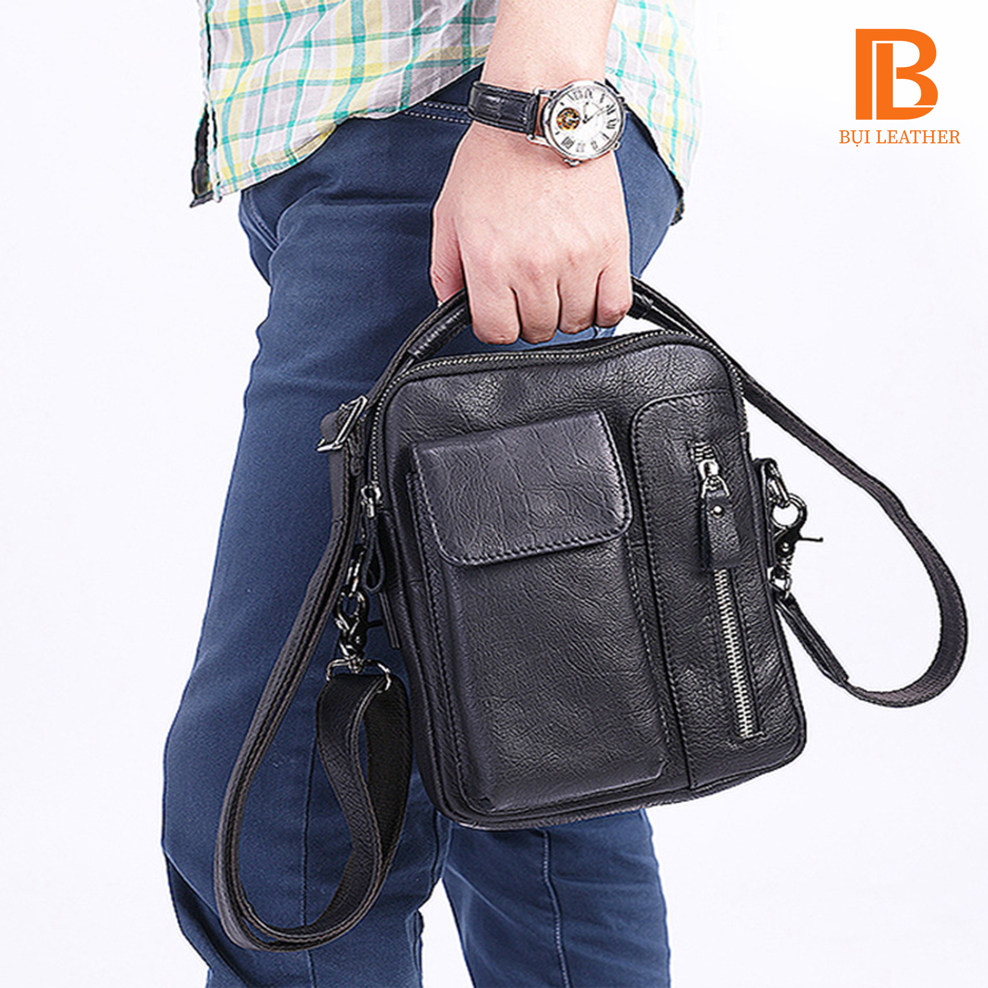 Túi đeo chéo nam DC103, túi nam da bò thật nhiều ngăn đựng vừa sách vở, các giầy tờ dụng cụ cá nhân - thương hiệu Bụi leather chuyên đồ da thật, bảo hành 12 tháng