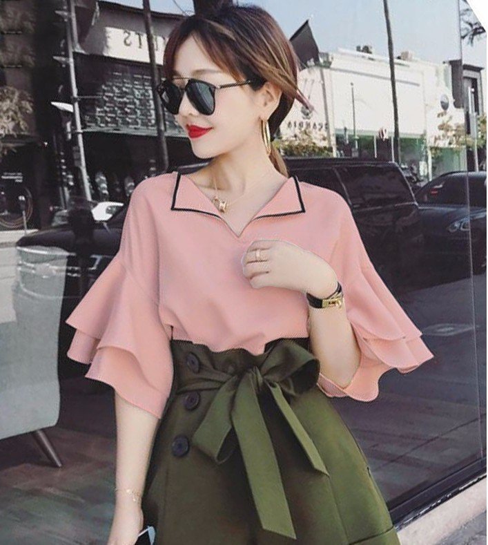 ÁO CỔ BẺ PHỐI VIỀN TAY LOE CÔNG SỞ (KÈM QUÀ TẶNG)