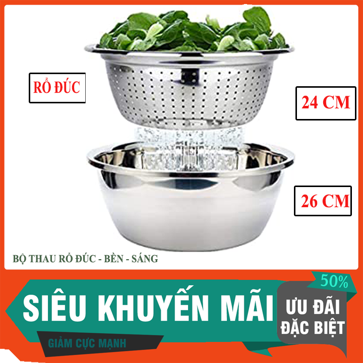 Thau rửa rau quả trộn salad 26 cm và rổ ĐÚC 24 cm có lổ dày - sáng đẹp. Thau inox an toàn