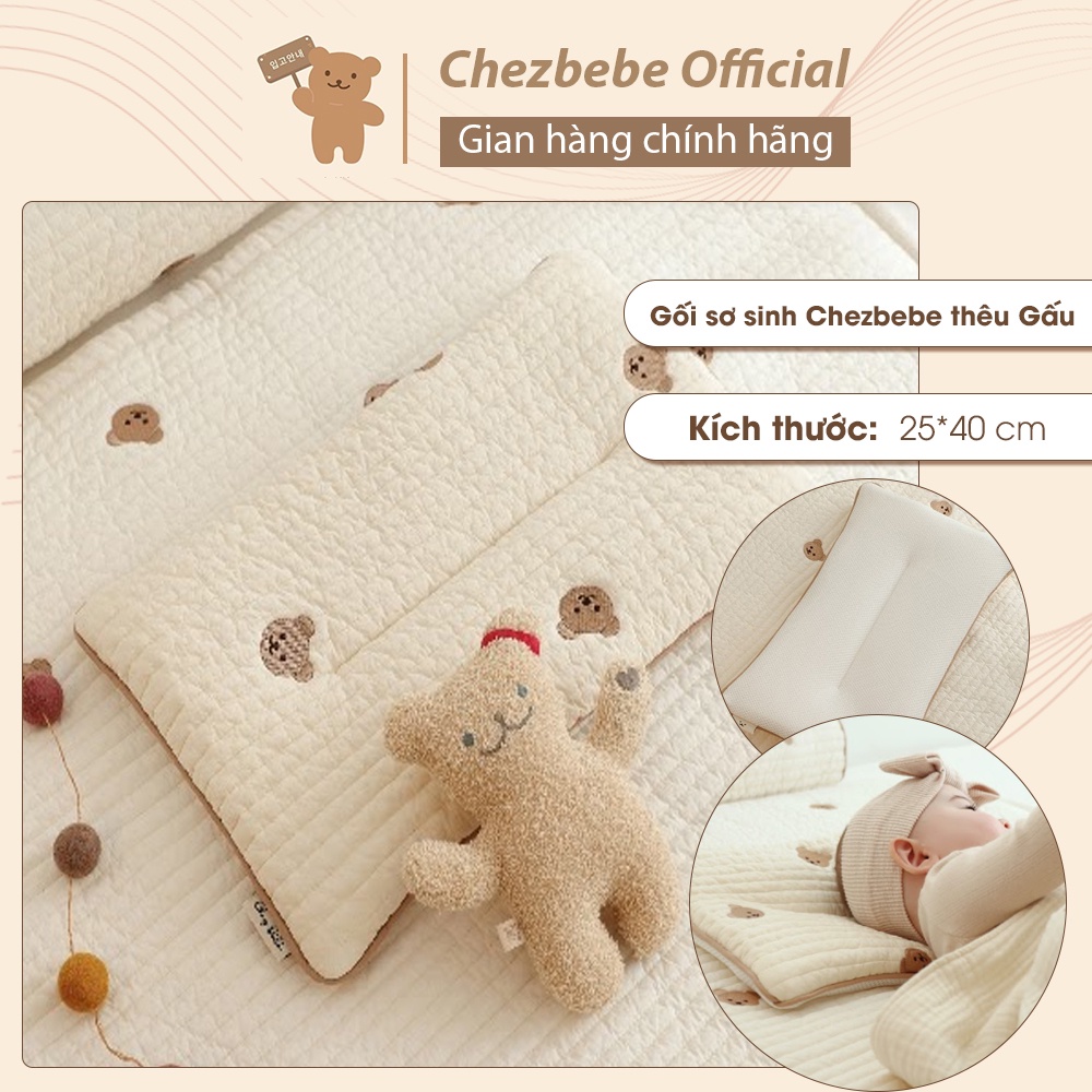 Gối mỏng Chezbebe thêu gấu Shegomi (chính hãng _Hàn Quốc)