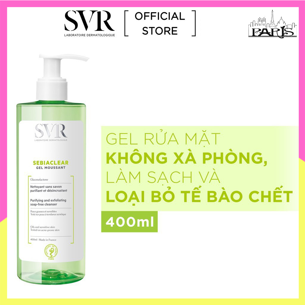 Facial Cleanser SVR sebiaclear-gel-moussant Gel 400ml, facial Cleanser for oil skin acne SVR sebiaclear-gel-moussant Gel 400ml-the Paris