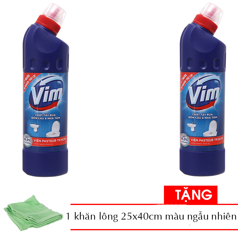 Combo 2 chai nước tẩy bồn cầu diệt khuẩn VIM chai 500ml Tặng 1 khăn tắm 25x40cm màu ngẫu nhiên