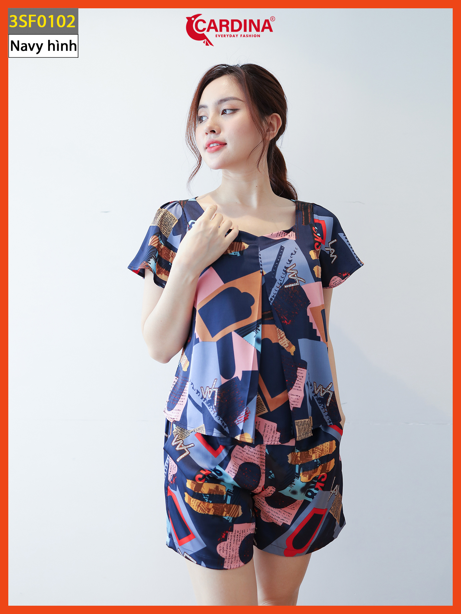 Đồ bộ nữ cardina mặc nhà chất lụa satin nhật cao cấp quần đùi áo cộc tay xếp ly ngực 3sf01