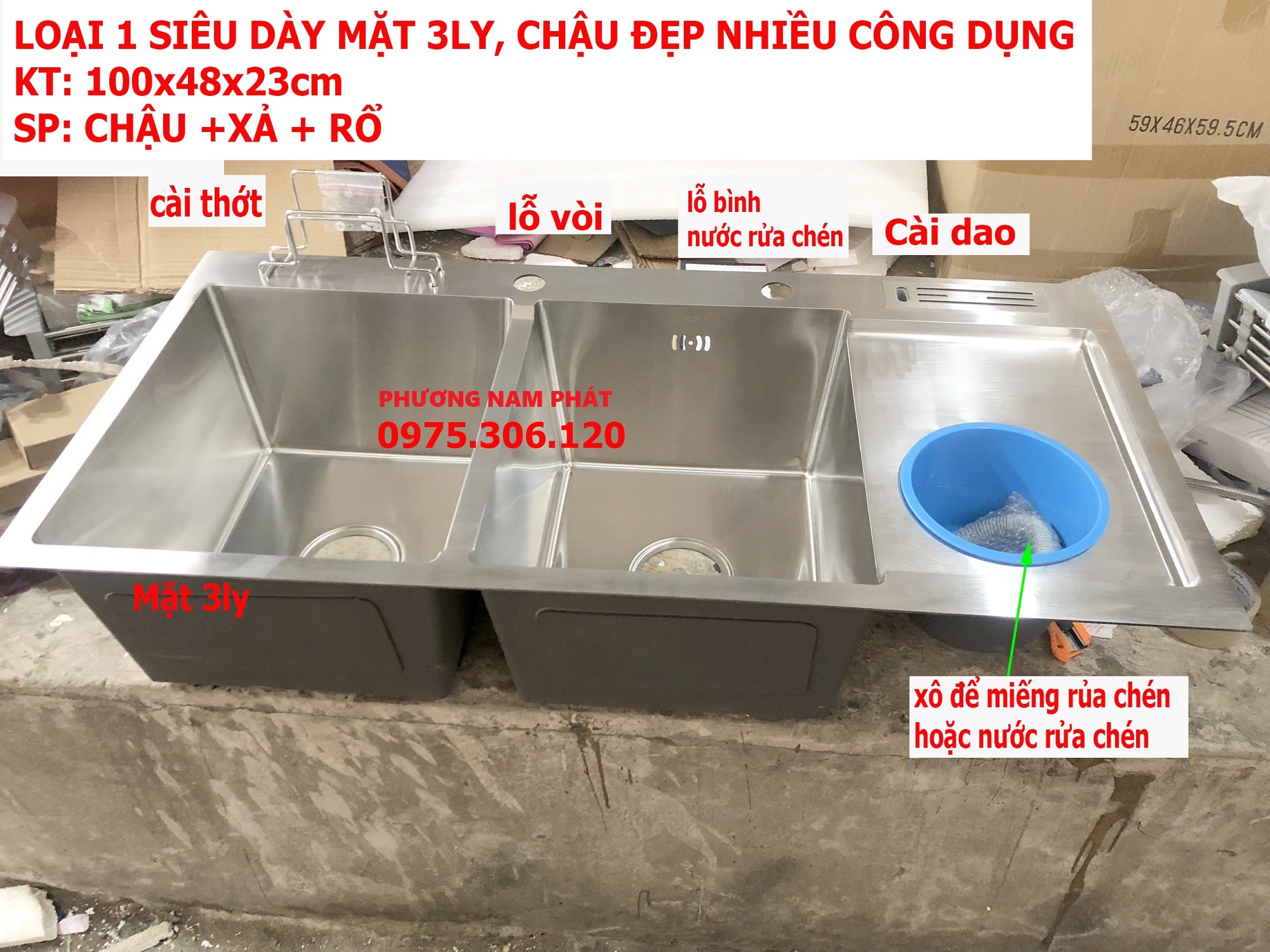 LOAI 1-DÀY 3LY Chậu Rửa Chén Bát INOX 304 N3 10048 NA.GRAND và Xả Chậu và Rổ Đa Năng MẶT DÀY 3LY BAO XÀI hàng chuẩn đảm bảo tốt bồn rửa chén inox