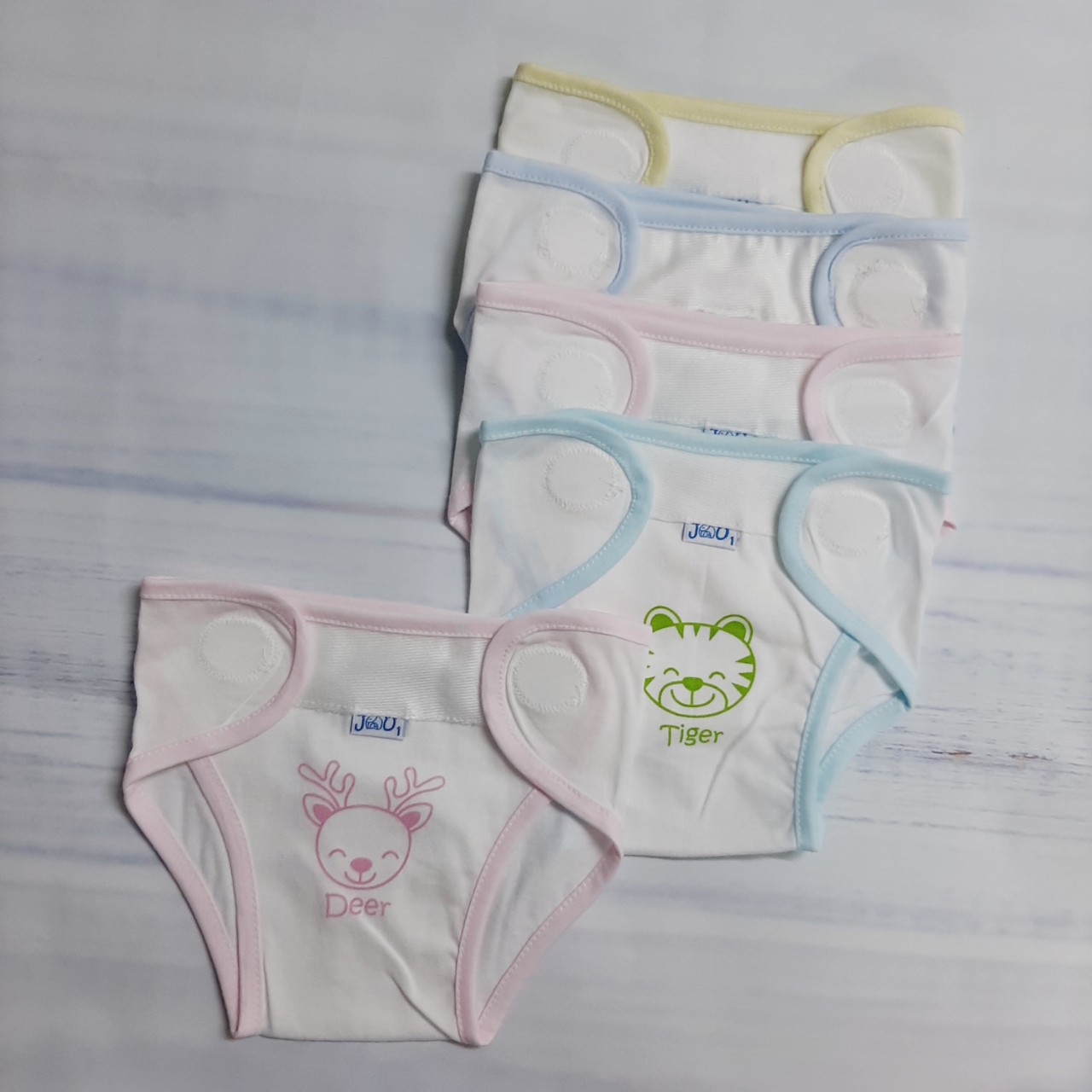 Tã dán sơ sinh jou trắng viền màu/size 1 - 3 cho bé sơ sinh dưới 7kg/chất vải 100%cotton mềm, mịn, mát, in hình họa tiết dễ thương/tã vải/quần đóng bỉm/phụ kiện sơ sinh