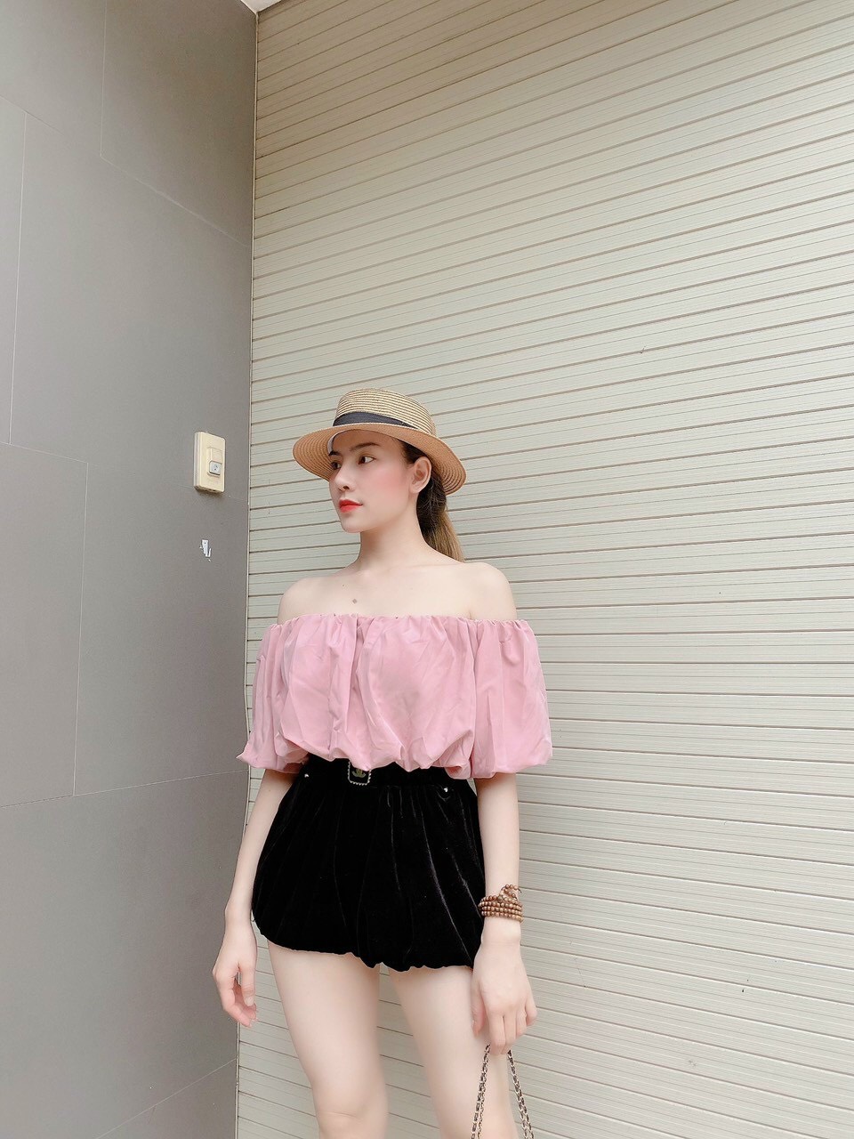 Áo croptop bí kiểu nữ chất vải kate lụa bệt vai bo eo siêu cưng (ảnh thật)
