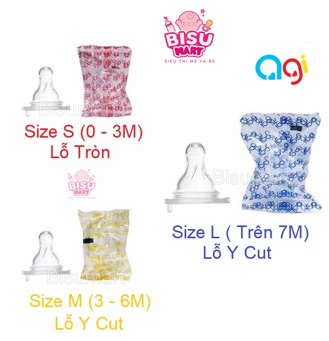 Núm vú cổ hẹp Agi núm ty silicon siêu mềm cho bé Size S M L