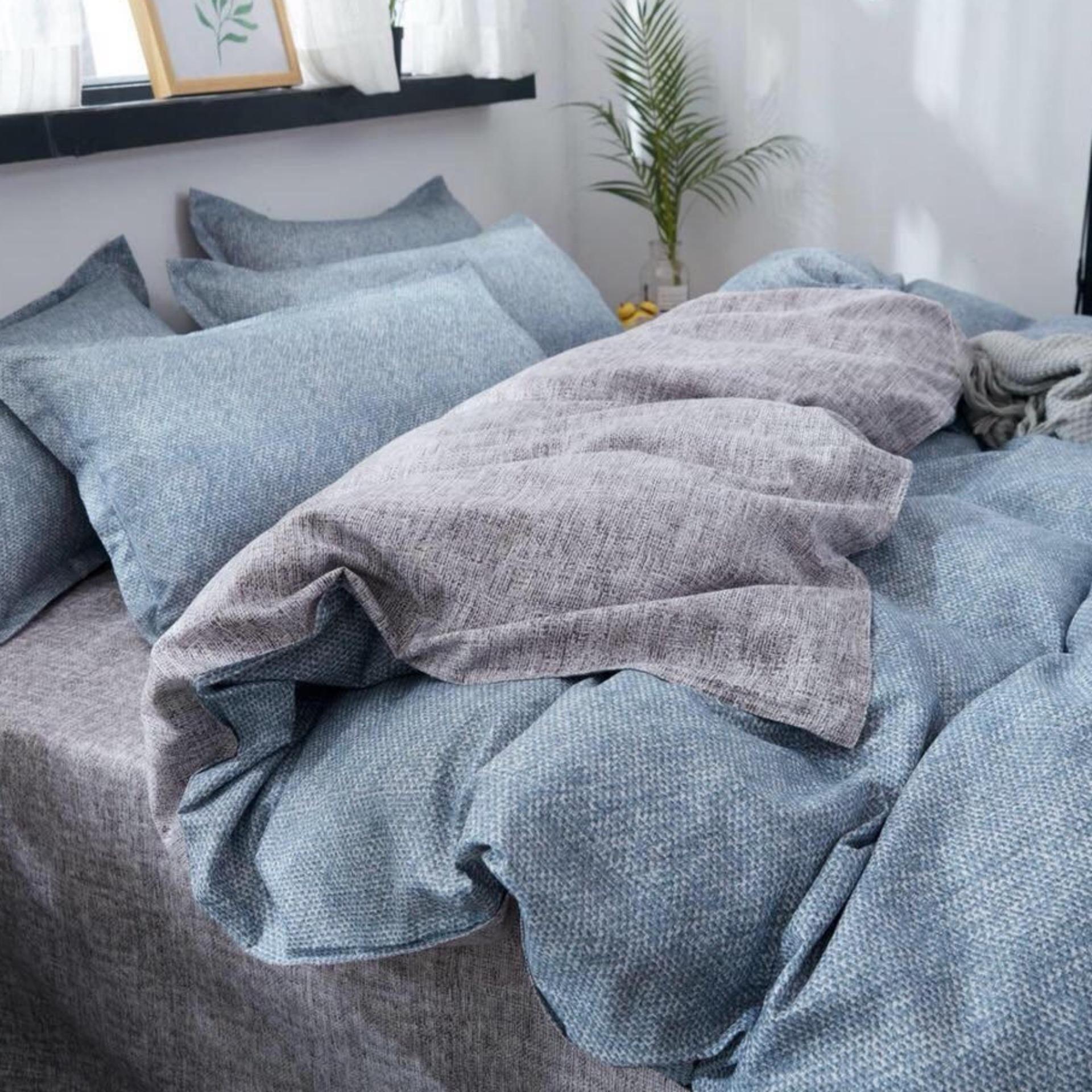Bộ chăn ga gối basic kẻ xước phối xanh ghi.
