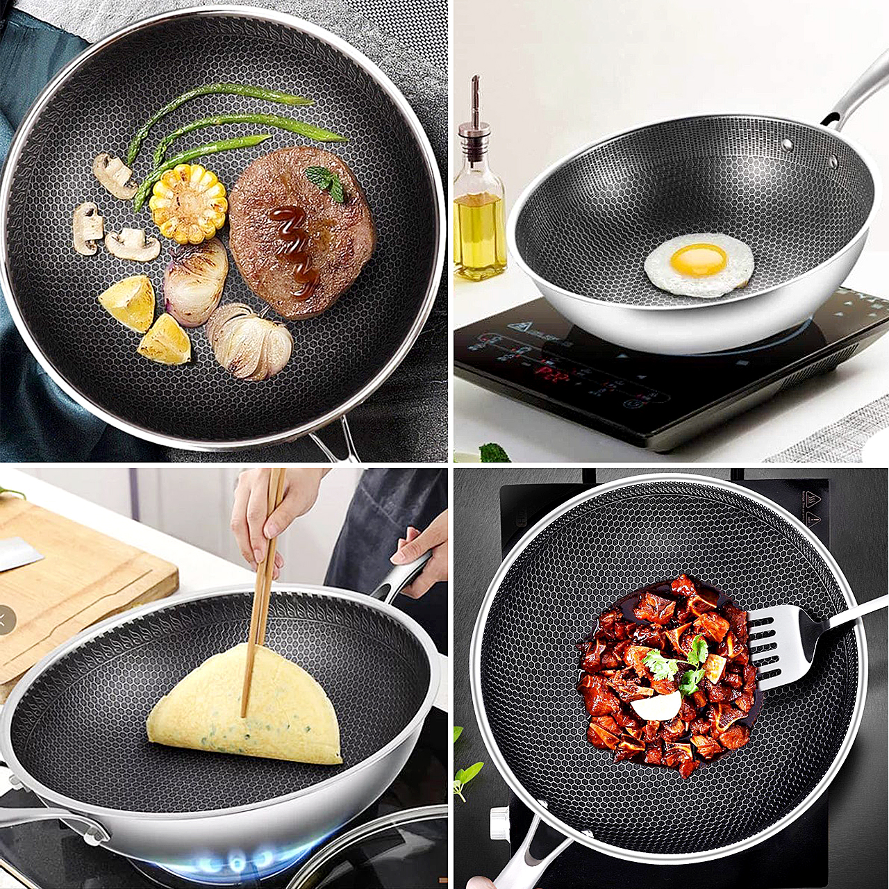 Chảo tổ ong 32cm chảo inox 3 lớp sâu lòng cào không xước siêu chống dính vân tổ ong - chảo tổ ong siêu chống dính 2 mặt inox 304, với công nghệ khắc laser tổ ong 32cm sâu lòng